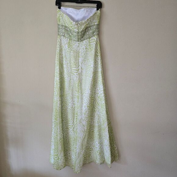 CAMILLE LA VIE Womens Maxi Dress Animal Print Lime Green 100% Silk Size 2 Glam - Picture 4 of 11